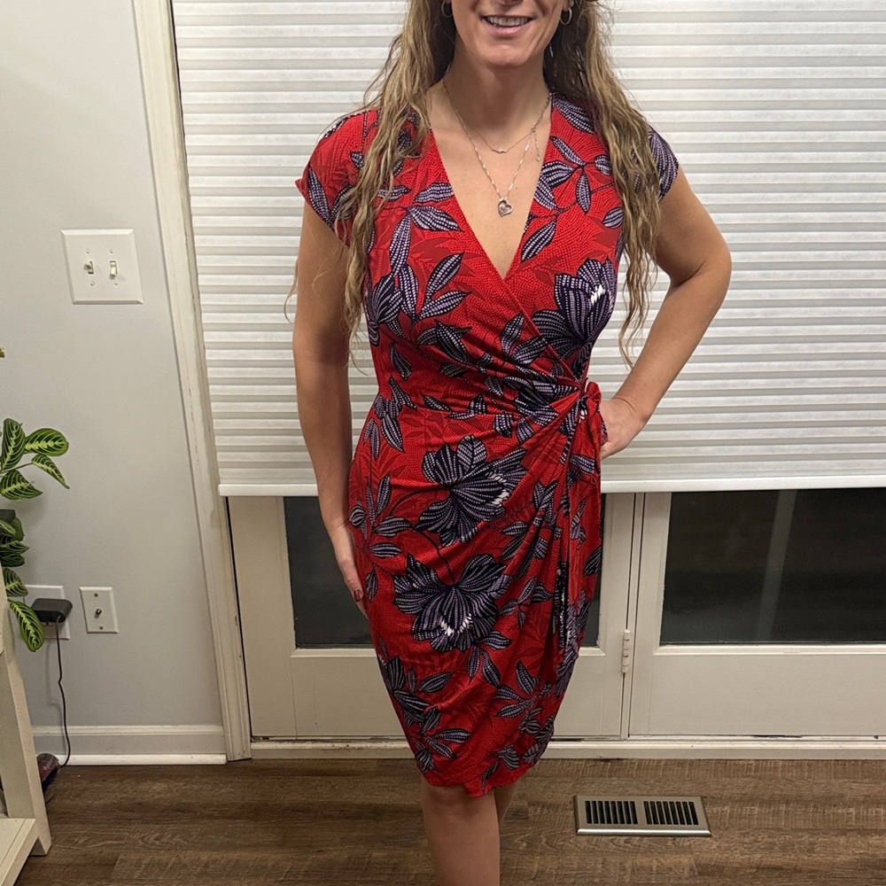 Maggy London Red Midi Dress with Purple Floral Pattern